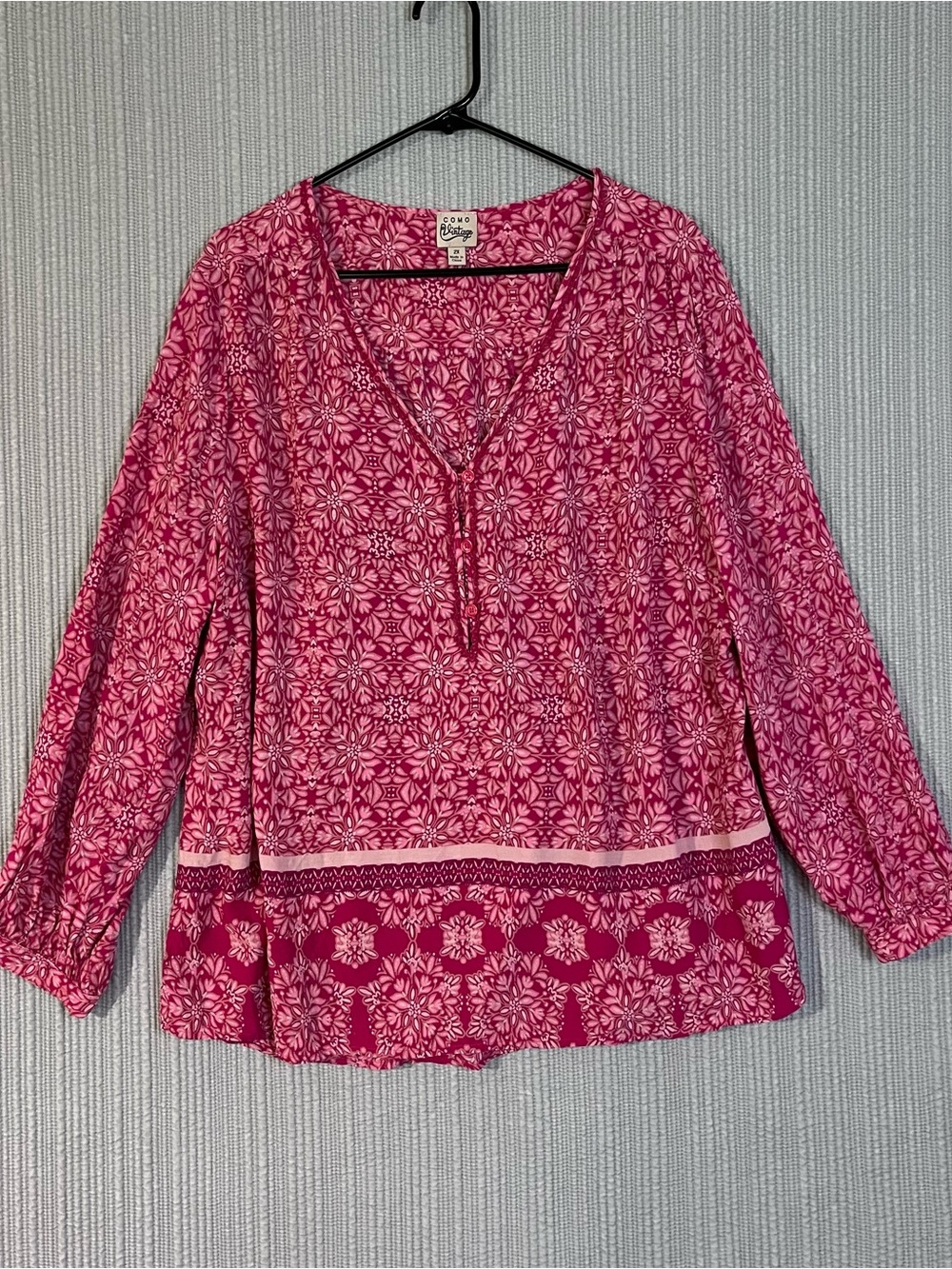 Como Vintage Peasant Boho Top Pink Print Womens Plus Sz 2X Rayon